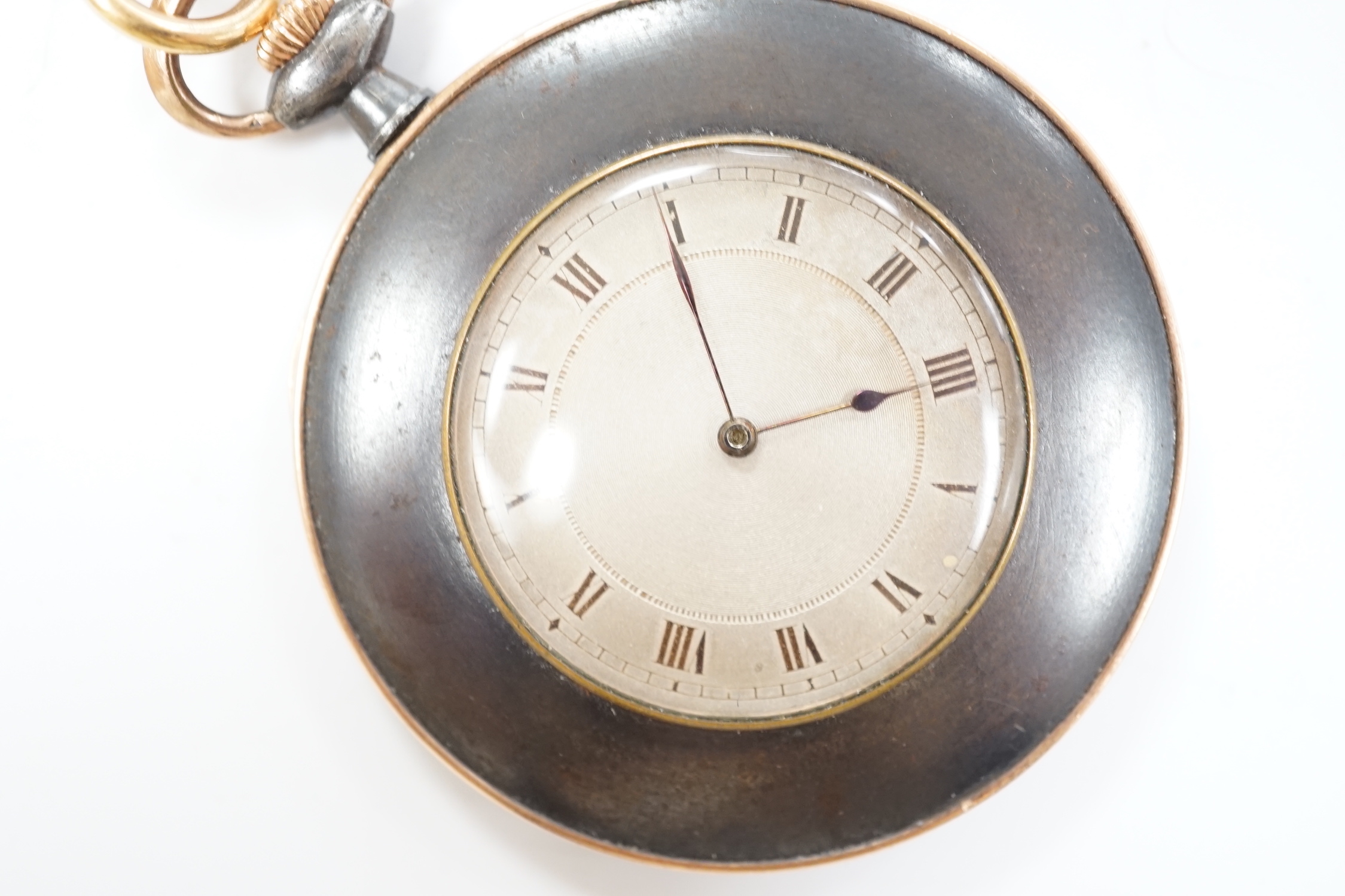 A gun metal and yellow metal dress pocket watch, on a white metal and seed pearl set chain, with lapis lazuli set fob.